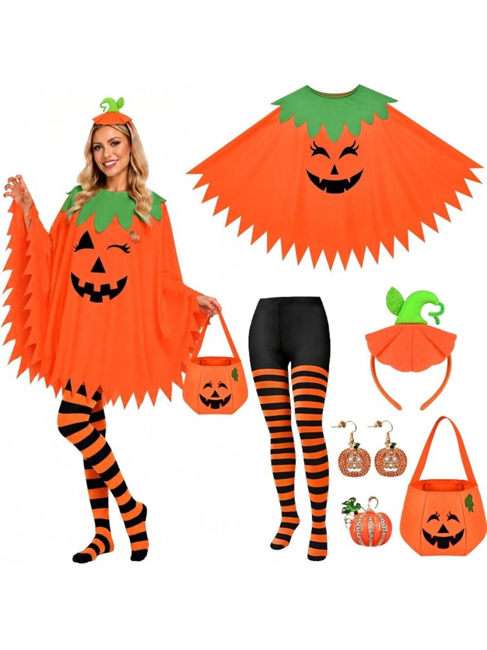 Women's Pumpkin 6 PCS Double Poncho Candy Brooch Cosplay Halloween Costume Set